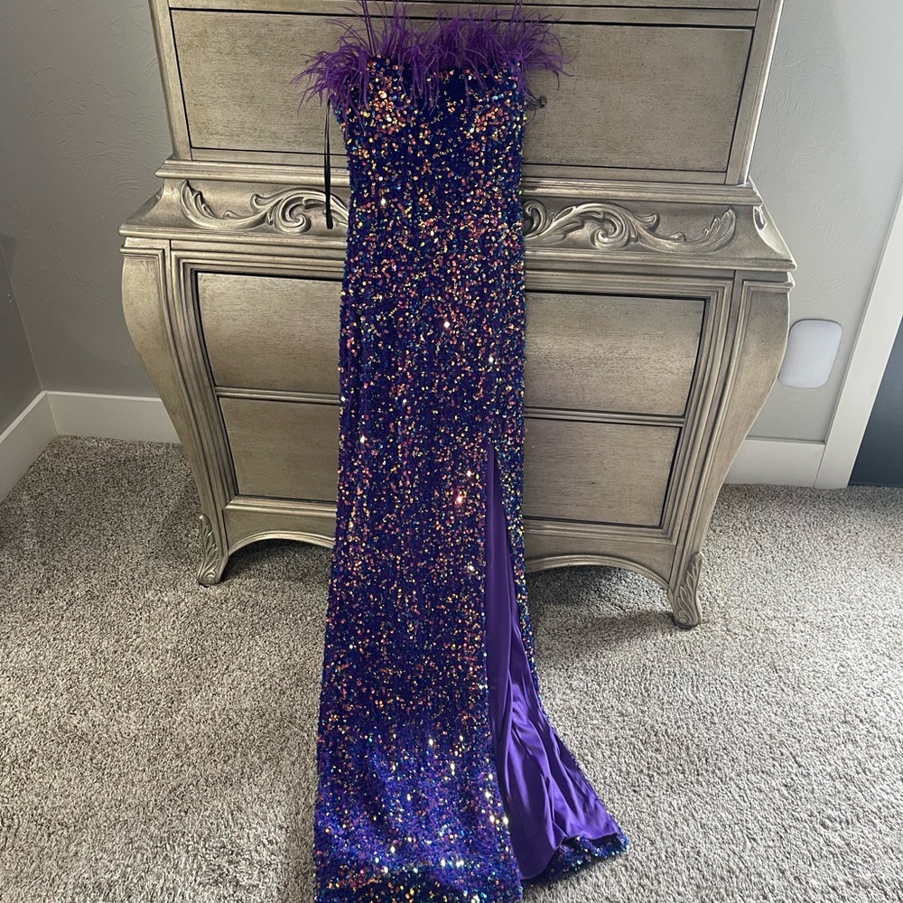 Purple Sequin Gown with Feather Trim